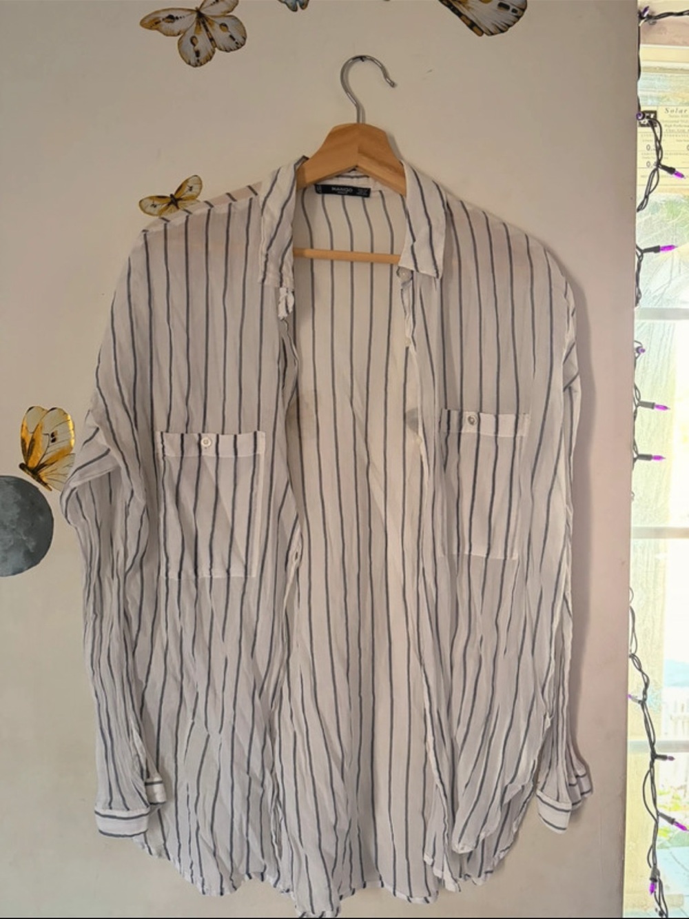 Mango White Shirt with Navy Vertical Stripes